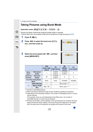 Page 175175
6. Shutter and Drive Settings
Taking Pictures using Burst Mode
Applicable modes: 
Pictures are taken continuously while the shutter button is pressed.
•
Pictures taken with a burst speed of [SH] will be recorded as a  single burst group (P257).
1Press 4 ().
2Press  2/1 to select the burst icon ([ ], 
etc.), and then press  3.
3Select the burst speed with  2/1, and then 
press [MENU/SET].
¢ 1 Number of recordable pictures
¢ 2 When recording is performed under the test conditions specifie d by...