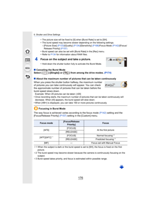 Page 1766. Shutter and Drive Settings
176
•The picture size will be fixed to [S] when [Burst Rate] is set to [SH].•The burst speed may become slower depending on the following settings.
–[Picture Size] (P133)/[Quality] (P134)/[Sensitivity]  (P168)/Focus Mode  (P142)/[Focus/
Release Priority]  (P157)
•Burst speed can also be set with [Burst Rate] in the [Rec] menu .
•Refer to P134 for information about RAW files.
4Focus on the subject and take a picture.
•Hold down the shutter button fully to activate the Burst...