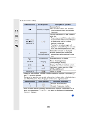 Page 1866. Shutter and Drive Settings
186
•If the burst time was short, a smaller number of frames are displayed in slide view. [ ] 
and [ ] cannot be selected.
•During marker operation, you can skip to the markers that you added or the beginning or 
end of the 4K burst file. Press [Fn1] again to return to the or iginal operation.
•When you have selected frames that are not currently displayed  in slide view, such as 
when you have selected [ ] or [ ], it may take a few seconds unti l the slide view 
frames are...