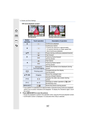 Page 187187
6. Shutter and Drive Settings

•
If you perform no operations for approximately 2 seconds during continuous playback/
rewind, the on-screen indications will disappear. To display th e indications again, touch 
the screen.
3Press [MENU/SET] to save the picture.
•Pause the playback to perform th is operation when using the 4K burst playback screen.•Confirmation screen is displayed. It is executed when [Yes] is  selected.
Button 
operationTouch operationDescription of operation
3Continuous playback
4...