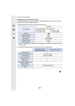 Page 191191
6. Shutter and Drive Settings
∫Limitations on the 4K Photo function
To optimize settings for 4K photo recording, certain limitations apply to some recording 
functions, menu items and other settings.
•
The following items are fixed to the settings indicated below:
¢ Settings in the [Motion Picture] menu are not applied to 4K bur st files recorded with the 4K 
Photo function.
•The following limitations apply to the recording functions indi cated below:
[Picture Size][4K] (8M)•Following picture sizes...