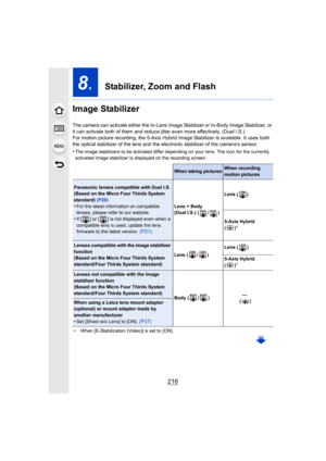 Page 216216
8.  Stabilizer, Zoom and Flash
Image Stabilizer
The camera can activate either  the In-Lens Image Stabilizer or  In-Body Image Stabilizer, or 
it can activate both of them and reduce jitter even more effect ively. (Dual I.S.)
For motion picture recording, the 5-Axis Hybrid Image Stabilize r is available. It uses both 
the optical stabilizer of the lens and the electronic stabilize r of the camera’s sensor.
•
The image stabilizers to be activated differ depending on your  lens. The icon for the...