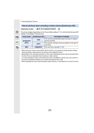 Page 243243
9. Recording Motion Pictures
Applicable modes: 
Focusing changes depending on the Focus Mode setting (P142) and the [Continuous AF] 
setting in the [Motion Picture] menu.
•
When the focus mode is set to [AFS], [AFF] or [AFC], if you pre ss the shutter button halfway 
while recording a motion picture, the camera will re-adjust the  focus.
•Depending on the recording conditions or lens used, operational  sound may be recorded when 
the Auto Focus is operated while recording a motion picture.
It is...