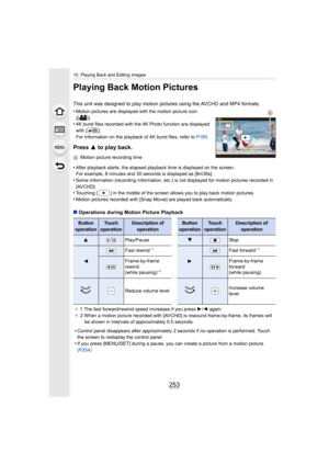 Page 253253
10. Playing Back and Editing Images
Playing Back Motion Pictures
This unit was designed to play motion pictures using the AVCHD and MP4 formats.
•
Motion pictures are displayed with the motion picture icon 
([ ]).
•4K burst files recorded with the 4K Photo function are displayed 
with [ ]. 
For information on the playback of 4K burst files, refer to  P185. 
Press  3 to play back.
AMotion picture recording time
•After playback starts, the elapsed playback time is displayed o n the screen.
For example,...