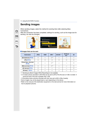 Page 307307
11. Using the Wi-Fi/NFC Function
Sending images
When sending images, select the method for sending them after selecting [New 
Connection].
After the connection has been completed, settings for sending,  such as the image size for 
sending, can also be changed.
∫ Images that can be sent
¢1 Sending by [Send Images While Recording] is not available.
¢ 2 A motion picture recorded in [AVCHD] can be sent to [PC] if th e file size is 4 GB or smaller. It 
cannot be sent if the size is greater than 4 GB.
¢ 3...