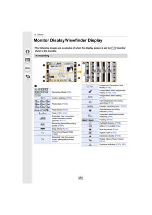 Page 35613. Others
356
Monitor Display/Viewfinder Display
•The following images are examples of when the display screen is set to [ ] (monitor 
style) in the monitor.
In recording
98
98
98200
0020020060
60
60
3.5
3.5
3.5
AFS
AFS
AFSL4:3
0
0AEL
AEL
AELBKT
BKT
BKTAWB
AWB
AWB
60 p0é0å0ó
0é0å0ó··
Fn12
Fn12
Fn12
Fn12Fn9
Fn9
Fn9
Fn9 Fn8 Fn8
Fn8
Fn8
Fn10
Fn10
Fn10
Fn10
Fn11
Fn11
Fn11
Fn11SNAP
SNAPSNAPISO
ISO
SS
SS
SS
F
FMINI
MINI
MINI
MINI

  

1
Recording Mode 
(P48)
Custom settings (P121)
Photo Style (P123)...