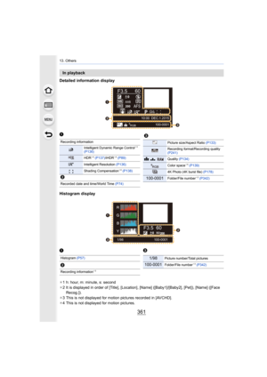 Page 361361
13. Others
Detailed information display
Histogram display
¢1 h: hour, m: minute, s: second
¢ 2 It is displayed in order of [Title], [Location], [Name] ([Baby 1]/[Baby2], [Pet]), [Name] ([Face 
Recog.]).
¢ 3 This is not displayed for motion pictures recorded in [AVCHD].
¢ 4 This is not displayed for motion pictures.
In playback
F3.5 60
P
s
RGB
AFS200
0WB WBISO
ISOAWB
STD.
STD.
STD.
L4:3
10:00  DEC.1.2015
100-0001



1
Recording information
Intelligent Dynamic Range Control¢3 
(P136)
HDR¢ 4 (P137)...