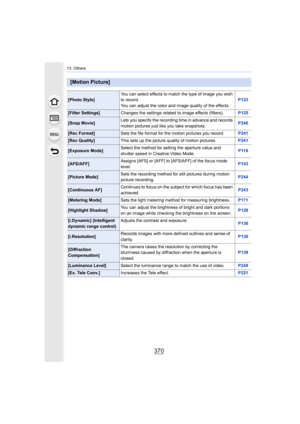 Page 37013. Others
370
[Motion Picture]
[Photo Style]You can select effects to match the type of image you wish 
to record.
You can adjust the color and image quality of the effects. P123
[Filter Settings]
Changes the settings related to image effects (filters).  P125
[Snap Movie]Lets you specify the recording time in advance and records 
motion pictures just like you take snapshots.
P246
[Rec Format]
Sets the file format for the motion pictures you record. P241
[Rec Quality]This sets up the picture quality of...