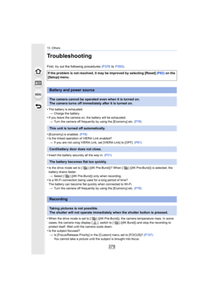 Page 37813. Others
378
Troubleshooting
First, try out the following procedures (P378 to P393) .
•
The battery is exhausted. > Charge the battery.
•If you leave the camera on, the battery will be exhausted.
> Turn the camera off frequently by using the [Economy] etc.  (P78)
•[Economy] is enabled. (P78)•Is the linked operation of VIERA Link enabled?
> If you are not using VIERA Link, set [VIERA Link] to [OFF].  (P81)
•Insert the battery securely all the way in. (P31)
•Is the drive mode set to [ ] ([4K Pre-Burst])?...