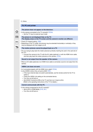 Page 391391
13. Others
•Is the camera connected to the TV correctly? (P334)
> Set the TV input to external input mode.
•Check [TV Aspect] setting.  (P80)•Depending on the TV model, the pi ctures may be extended horizontally or vertically or they 
may be displayed with their edges cut off.
•Are you trying to play back the motion pictures by directly ins erting the card in the card slot of 
the TV? > Connect the camera to the TV with the AV  cable (optional), or w ith the HDMI micro cable, 
and then play back the...