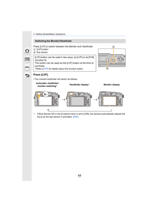 Page 442. Getting Started/Basic Operations
44
Press [LVF] to switch between the Monitor and Viewfinder.A[LVF] button
B Eye sensor
Press [LVF].
•The monitor/viewfinder will switch as follows:
¢ If [Eye Sensor AF] in the [Custom] menu is set to [ON], the cam era automatically adjusts the 
focus as the eye sensor is activated.  (P45)
Switching the Monitor/Viewfinder
[LVF] button can be used in two ways, as [LVF] or as [Fn6] 
(function 6).
The button can be used as the [LVF] button at the time of 
purchase.
•
Refer...