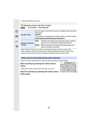 Page 4747
2. Getting Started/Basic Operations
Displaying a picture right after it is taken
•
When [Duration Time] is set to [HOLD], [Playback Operation Prio rity] is fixed to [ON].•When recording with the 4K Photo function, settings available for [Duration Time] in [Auto 
Review] change to [ON] and [OFF]. [Playback Operation Priority]  is fixed to [ON].
Press the motion picture button to start and stop recording a motion picture.
Start recording by pressing the motion picture 
button.
•Release the motion...