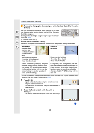 Page 502. Getting Started/Basic Operations
50
Temporarily changing the items assigned to the front/rear dials ([Dial Operation 
Switch])
You can temporarily change the items assigned to the front/
rear dials using the function button to which [Dial Operation 
Switch] is assigned.
[Dial Operation Switch] is assigned to [Fn13] at the time of 
purchase.  (P70)
AFunction button [Fn13]
Scenes and recommended settings
Below are examples of recommended front/rear dial assignment settings for scenes.
•
You can set the...