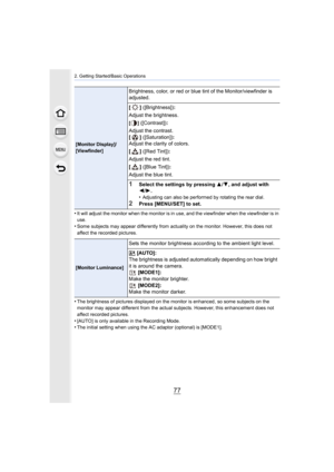 Page 7777
2. Getting Started/Basic Operations
•It will adjust the monitor when the monitor is in use, and the viewfinder when the viewfinder is in 
use.
•Some subjects may appear differently from actuality on the moni tor. However, this does not 
affect the recorded pictures.
•The brightness of pictures displayed on the monitor is enhanced , so some subjects on the 
monitor may appear different from the actual subjects. However, this enhancement does not 
affect recorded pictures.
•[AUTO] is only available in...