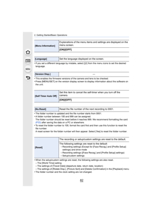 Page 822. Getting Started/Basic Operations
82
•If you set a different language by mistake, select [~] from the menu icons to set the desired 
language.
•This enables the firmware versions of the camera and lens to be  checked.•Press [MENU/SET] on the version display screen to display infor mation about the software on 
the unit.
•The folder number is updated and the file number starts from 00 01.•A folder number between 100 and 999 can be assigned.
The folder number should be reset before it reaches 999. We rec...