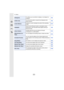 Page 373373
13. Others
[Histogram]This allows you to set either to display or not display the 
histogram. P55
[Guide Line]
This will set the pattern of 
guide lines displayed when 
taking a picture. P55
[Center Marker]
Displays [+], which indicates the center of the recording 
screen. P213
[Highlight]When the Auto Review function is activated or when 
playing back, white saturated areas appear blinking in 
black and white. P58
[Zebra Pattern]
Indicates parts that may be whited out through 
overexposure in a...