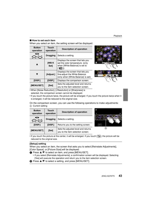 Page 4343
Playback
 (ENG) SQT0775
∫How to set each item
When you select an item, the setting screen will be displayed.
•
When [Noise Reduction], [i.Resolution] or [Sharpness] is 
selected, the comparison screen cannot be displayed.
•If you touch the picture twice, the picture will be enlarged. I f you touch the picture twice when it 
is enlarged, it will be reduced to the original size.
On the comparison screen, you can use the following operations  to make adjustments:ACurrent setting
•If you touch the picture...