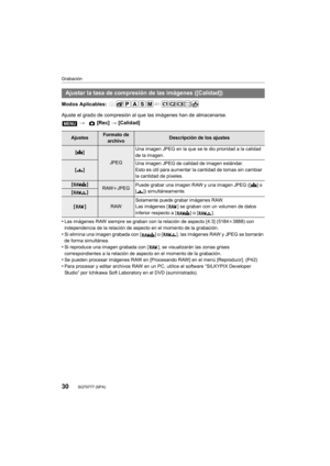 Page 3030
Grabación
SQT0777 (SPA) 
Modos Aplicables: 
Ajuste el grado de compresión al que las imágenes han de almacenarse.
•
Las imágenes RAW siempre se graban con la relación de aspecto [4:3] (5184k3888) con 
independencia de la relación de aspecto en el momento de la grabación.
•Si elimina una imagen grabada con [ ] o [ ], las imágenes RAW y JPEG se borrarán 
de forma simultánea.
•Si reproduce una imagen grabada con [ ], se visualizarán las zonas grises 
correspondientes a la relación de aspecto en el...