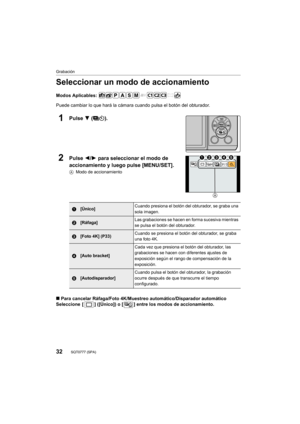 Page 3232
Grabación
SQT0777 (SPA) 
Seleccionar un modo de accionamiento
Modos Aplicables: 
Puede cambiar lo que hará la cámara cuando pulsa el botón del obturador.
1Pulse 4 ().
2Pulse  2/1 para seleccionar el modo de 
accionamiento y luego pulse [MENU/SET].
A Modo de accionamiento
∫Para cancelar Ráfaga/Foto 4K/Muestreo automático/Disparador automático
Seleccione  [ ] ([Único]) o [ ] entre los modos de accionamiento.
1[Único] Cuando presiona el botón del
 obturador, se graba una 
sola imagen.
2[Ráfaga] Las...