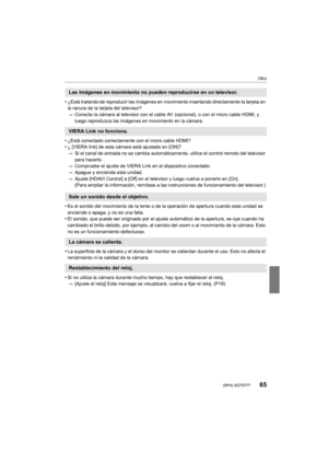 Page 6565
Otro
 (SPA) SQT0777
•¿Está tratando de reproducir las imágenes en movimiento insertando directamente la tarjeta en 
la ranura de la tarjeta del televisor?
>Conecte la cámara al televisor con el cable  AV  (opcional), o con el micro cable HDMI, y 
luego reproduzca las imágenes en movimiento en la cámara.
•¿Está conectado correctamente con el micro cable HDMI?•¿ [VIERA link] de esta cámara está ajustado en [ON]?
> Si el canal de entrada no se cambia automáticamente, utilice el control remoto del...