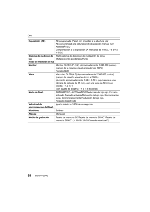 Page 6868
Otro
SQT0777 (SPA) 
Exposición (AE)AE programada (P)/AE con prioridad a la abertura (A)/
AE con prioridad a la obturación (S)/Exposición manual (M)/
AUTOMÁTICO
Compensación a la exposición (A intervalos de 1/3 EV,  j5 EV a 
i 5EV)
Sistema de medición de 
luz,
modo de medición de luz1728-sistema de detección de multipatrón de zona,
Múltiple/Centro ponderado/Punto
Monitor Monitor OLED 3,0q (3:2) (Aproximadamente 1.040.000 puntos)
(campo de la relación visual alrededor del 100%)
Pantalla táctil
Visor...