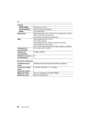 Page 7070
Otro
SQT0777 (SPA) 
Transmisor inalámbrico
Te r m i n a l[REMOTE/MIC] Enchufe de ‰ 2,5 mm
[AV OUT/DIGITAL] Enchufe exclusivo (8 clavijas)
[HDMI] micro HDMI tipo D
Dimensiones Aproximadamente 133,2 mm (An) k77,9 mm (Alt) k63,1 mm (P)
[5,24 q (An)k 3,07q(Alt) k2,48 q (P)]
(excluyendo las porciones de proyección)
Masa Aproximadamente 487g/1,07 lb
[con tarjeta y batería]
Aproximadamente 435 g/0,96 lb (cuerpo de la cámara)
Aproximadamente 752 g/1,66 lb
[con la lente intercambiable (H-FS14140), la tarjeta y...