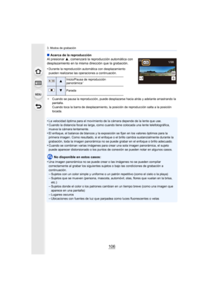 Page 1063. Modos de grabación
106
∫Acerca de la reproducción
Al presionar  3, comenzará la reproducción automática con 
desplazamiento en la misma dirección que la grabación.
•
Durante la reproducción automática con desplazamiento 
pueden realizarse las operaciones a continuación.
¢ Cuando se pausa la reproducción, puede desplazarse hacia atrás y adelante arrastrando la 
pantalla. 
Cuando toca la barra de desplazamiento, la posición de reproducción salta a la posición 
tocada.
•La velocidad óptima para el...