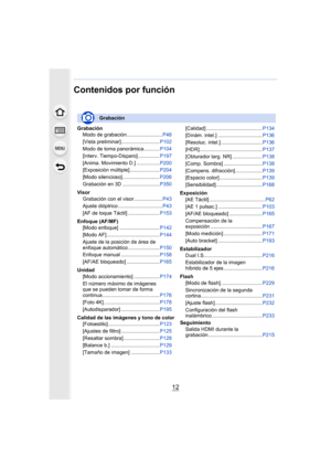 Page 1212
Contenidos por función
GrabaciónModo de grabación......................... P48
[Vista preliminar]........................... P102
Modo de toma panorámica........... P104
[Interv. Tiempo-Disparo] ............... P197
[Anima. Movimiento D.] ................ P200
[Exposición múltiple]..................... P204
[Modo silencioso].......................... P206
Grabación en 3D .......................... P350
Visor Grabación con el visor.................... P43
Ajuste dióptrico...