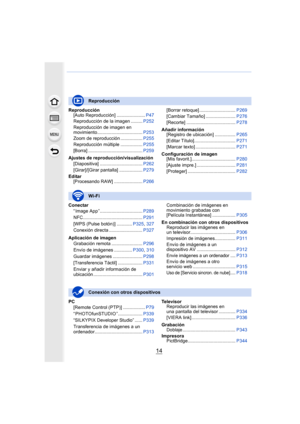 Page 1414
Reproducción[Auto Reproducción] ...................... P47
Reproducción de la imagen ......... P252
Reproducción de imagen en 
movimiento................................... P253
Zoom de reproducción ................. P255
Reproducción múltiple ................. P255
[Borra] .......................................... P259
Ajustes de reproducción/visualización [Diapositiva] ................................. P262
[Girar]/[Girar pantalla] .................. P279
Editar [Procesando RAW]...