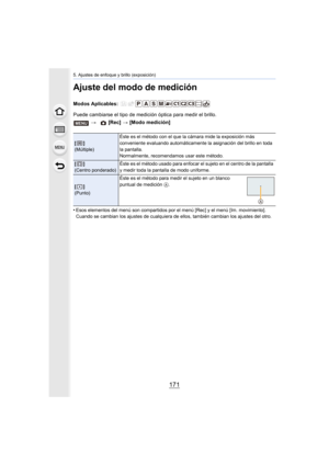 Page 171171
5. Ajustes de enfoque y brillo (exposición)
Ajuste del modo de medición
Modos Aplicables: 
Puede cambiarse el tipo de medición óptica para medir el brillo.
•
Esos elementos del menú son compartidos por el menú [Rec] y el menú [Im. movimiento]. 
Cuando se cambian los ajustes de cualquiera de  ellos, también cambian los ajustes del otro.
> [Rec] >  [Modo medición]
[]
(Múltiple) Éste es el método con el que la cámara mide la exposición más 
conveniente evaluando automáticamente la asignación del brillo...