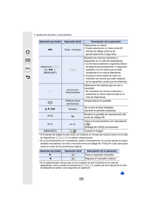 Page 1866. Ajustes del obturador y accionamiento
186
•Si el tiempo de ráfaga ha sido corto, se mostrará un número de marcos menor en la vista 
de diapositivas. [ ] y [ ] no podrán seleccionarse.
•En el funcionamiento con marcadores, podrá ir directamente a lo puntos donde se hayan 
añadido marcadores o al inicio o final del archivo de ráfaga 4K. Pulse [Fn1] de nuevo para 
volver al modo de funcionamiento original.
•Si ha seleccionado marcos que no se muestran en ese momento en la vista de 
diapositivas, como...