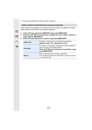 Page 211211
7. Funciones personalizadas para distintos sujetos y propósitos
Puede modificar las imágenes o la información de una persona ya registrada. También 
puede eliminar la información de la persona registrada.
1Pulse  3/4 para seleccionar [MEMORY] luego pulse [MENU/SET].2Presione  3/4 /2 /1  para seleccionar la imagen de la cara a editar o eliminar y 
luego presione [MENU/SET].
3Pulse  3/4  para seleccionar la opción, luego pulse [MENU/SET].
Cambie o elimine la información para una persona registrada...