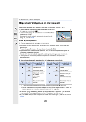 Page 253253
10. Reproducción y edición de imágenes
Reproducir imágenes en movimiento
Esta unidad se diseñó para reproducir películas con formatos AVCHD y MP4.
•
Las imágenes en movimiento pueden visualizarse con el icono 
de imagen en movimiento ([ ]).
•Los archivos de ráfaga 4K grabados con la función Foto 4K se 
muestran con [ ]. 
Si desea información sobre la reproducción de archivos de 
ráfaga 4K, consulte P185.
Pulse  3 para reproducir.
ATiempo de grabación de la imagen en movimiento
•Después de iniciar la...