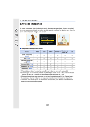 Page 307307
11. Uso de la función Wi-Fi/NFC
Envío de imágenes
Al enviar imágenes, elija el método de envío después de seleccionar [Nueva conexión].
Una vez que se completa la conexión, también puede modificar los ajustes para el envío, 
como el tamaño de la imagen para enviar.
∫ Imágenes que se pueden enviar
¢1 No está disponible el envío a través de [Enviar imágenes durante la grabación].
¢ 2 Una imagen en movimiento grabada en [AVCHD] se puede enviar a [PC] si el tamaño del 
archivo es de 4 GB o menos. No se...