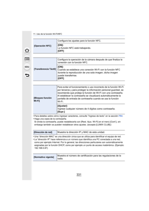 Page 331331
11. Uso de la función Wi-Fi/NFC
•Para detalles sobre cómo ingresar caracteres, consulte “Ingreso de texto” en la sección P84.•Haga una copia de la contraseña.
Si olvida la contraseña, puede restablecerla co n [Rest. Ajus. Wi-Fi] en el menú [Conf.], sin 
embargo también se pueden restablecer otros ajustes. (excepto [LUMIX CLUB] )
•Una “dirección MAC” es una dirección única que  se utiliza para identificar el equipo de red.•La “dirección IP” hace referencia a un número que identifica una PC conectada a...