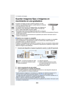 Page 343343
12. Conexión a otro equipo
Guardar imágenes fijas e imágenes en 
movimiento en una grabadora
Si inserta una tarjeta que tiene contenido grabado con esta 
unidad en una grabadora Panasonic, puede duplicar el contenido 
en un disco Blu-ray o DVD, etc.
Los métodos para exportar las imágenes fijas y las imágenes en 
movimiento a otros dispositivos variarán según el formato del 
archivo. (JPEG, RAW, MPO, AVCHD o MP4).
•No se pueden copiar archivos de ráfaga 4K (formato MP4) con [Aspecto] 
configurado con...