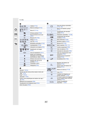 Page 357357
13. Otro
2
A›Calidad (P134)
Modo de enfoque  (P142)
š 
ØModo AF  (P144)
Enfoque gradual  (P248)
Reconocimiento de la cara 
(P207)
Bloqueo AF (P165)
Ráfaga (P175)
Foto 4K  (P178)
Bracketing automático  (P193)
Autodisparador (P195)
 Indicación de la batería  (P25)
Estabilizador de imagen 
(P216)
Aviso de trepidación (P217)
Estado de la grabación 
(Parpadea en rojo.)/Enfoque 
(Se ilumina en verde.)  (P46)
Enfoque (Con poca luz)  (P140)
Enfoque (AF con luz de 
estrellas) (P141)
Conectado a Wi-Fi...