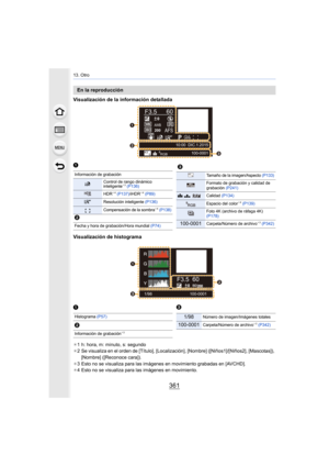 Page 361361
13. Otro
Visualización de la información detallada
Visualización de histograma
¢1 h: hora, m: minuto, s: segundo
¢ 2 Se visualiza en el orden de [Título], [Localizac ión], [Nombre] ([Niños1]/[Niños2], [Mascotas]), 
[Nombre] ([Reconoce cara]).
¢ 3 Esto no se visualiza para las imágenes en movimiento grabadas en [AVCHD].
¢ 4 Esto no se visualiza para las imágenes en movimiento.
En la reproducción
F3.5 60
P
s
RGB
AFS200
0WBWBISOISOAWB
STD.STD.STD.
L4:3
10:00  DIC.1.2015
100-0001



1
Información de...