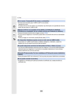 Page 36613. Otro
366
[Error acceso. Compruebe ID de acceso y contraseña.]
•
El ID de inicio de sesión para “LUMIX CLUB” no es correcto.
Ingréselo de nuevo.
Si olvidó el ID de inicio de sesión o la contraseña, hay información en la pantalla de inicio de 
sesión del sitio web de “LUMIX CLUB”.
[Algunos archivos no se pueden enviar debido a la limitación en destino]/
[Transferencia completada. Se han omitido archivos por limitación en destino.]
•
Revise el formato de archivo de la imagen a enviar. (P307)
•El envío...