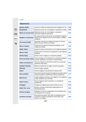 Page 377377
13. Otro
[Reproducir]
[Ajustes 2D/3D]Cambia el método de reproducción para imágenes en 3D. P262
[Diapositiva]Selecciona el tipo, etc. de imágenes y reproduce en orden. P262
[Modo de reproducción]Selecciona el tipo, etc. de imágenes y reproduce 
solamente imágenes particulares. P264
[Registro de ubicación]Se puede escribir la información de localización (longitud/
latitud) en las imágenes que se envían desde un teléfono 
inteligente. P265
[Procesando RAW]
Se pueden convertir las imágenes tomadas en...