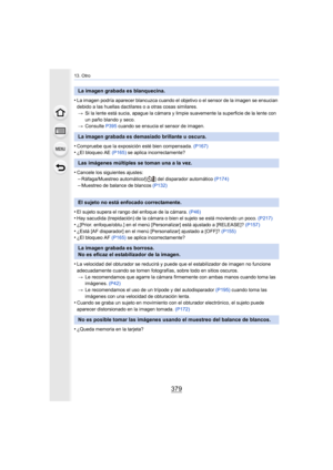 Page 379379
13. Otro
•La imagen podría aparecer blancuzca cuando el objetivo o el sensor de la imagen se ensucian 
debido a las huellas dactilares o a otras cosas similares.> Si la lente está sucia, apague la cámara y limpie suavemente la superficie de la lente con 
un paño blando y seco.
> Consulte  P395 cuando se ensucia el sensor de imagen.
•Compruebe que la exposición esté bien compensada.  (P167)•¿El bloqueo AE (P165) se aplica incorrectamente?
•Cancele los siguientes ajustes:
–Ráfaga/Muestreo automático/[...