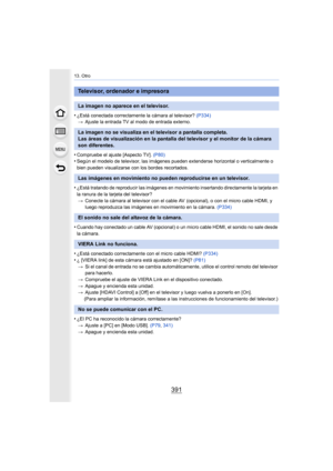 Page 391391
13. Otro
•¿Está conectada correctamente la cámara al televisor? (P334)
> Ajuste la entrada TV al modo de entrada externo.
•Compruebe el ajuste [Aspecto TV].  (P80)•Según el modelo de televisor, las imágenes pueden extenderse horizontal o verticalmente o 
bien pueden visualizarse con los bordes recortados.
•¿Está tratando de reproducir las imágenes en movimiento insertando directamente la tarjeta en 
la ranura de la tarjeta del televisor?
> Conecte la cámara al televisor con el cable AV  (opcional), o...