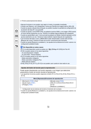Page 722. Primeros pasos/operaciones básicas
72
•Algunas funciones no se pueden usar según el modo o la pantalla visualizada.
•Cuando use [Teleconv. ext.] (fotografías), revise que [Tamaño de imagen] esté en [M] o [S].•Cuando se ajusta a [Ajuste área enfoque], es posible visualizar la pantalla de configuración de 
la posición del área AF o la ayuda MF.
•Cuando se ajusta [1 toma RAW+JPG], se grabará el archivo RAW y una imagen JPEG exacta 
al mismo tiempo solamente una vez. Volverá a la calidad original después...