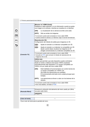 Page 8181
2. Primeros pasos/operaciones básicas
•Fije el color de fondo para la pantalla del menú.
[Conexión TV]
[Mostrar inf. HDMI (Grab)]:
Establece si debe aparecer o no la información cuando se graba 
una imagen en la cámara, mientras se visualiza en un televisor.
[ON]: La visualización de la cámara se emite como está.
[OFF]: Sólo se emiten de imágenes.
•
Funcionará cuando está conectado el micro cable HDMI.•Cuando conecte la cámara a un televisor, baje el volumen del televisor.
[Reproducción 3D]:...