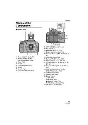 Page 11Preparation
11VQT1G28
Names of the 
Components
∫Camera body
1 Front dial (P41, 42, 45, 51)
2 AF assist lamp (P106)
Self-timer indicator (P74)
3 Flash (P64)
4 Mirror
5 Lens fitting mark (P14)
6 Mount
7 Lens lock pin
8 Lens release button (P15)9 [LIVE VIEW] button (P34, 54)
10 Eye cup (P17)
11 Viewfinder (P32, 35, 131)
12 Diopter adjustment dial (P35)
13 Focus mode lever (P36, 40, 45, 58, 60, 
62)
14 [AFL/AEL] button (P69)
15 Camera ON/OFF switch (P24)
16 Rear dial (P42, 44, 51, 52, 116)
17 LCD monitor...