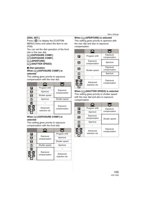 Page 105Menu Settings
105VQT1G28
[DIAL SET.]
Press [ ] to display the [CUSTOM 
MENU] menu and select the item to set. 
(P26)
You can set the dial operation of the front 
dial or the rear dial.
[ EXPOSURE COMP.]
[ EXPOSURE COMP.]
[ APERTURE]
[ SHUTTER SPEED]
∫Dial operation
When [ EXPOSURE COMP.] is 
selected
This setting gives priority to exposure 
compensation with the rear dial.
When [ EXPOSURE COMP.] is 
selected
This setting gives priority to exposure 
compensation with the front dial.When [ APERTURE] is...