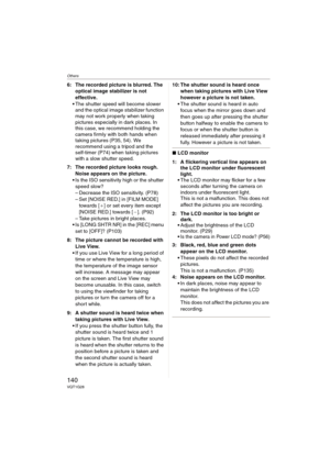 Page 140Others
140VQT1G28
6: The recorded picture is blurred. The 
optical image stabilizer is not 
effective.
The shutter speed will become slower 
and the optical image stabilizer function 
may not work properly when taking 
pictures especially in dark places. In 
this case, we recommend holding the 
camera firmly with both hands when 
taking pictures (P35, 54). We 
recommend using a tripod and the 
self-timer (P74) when taking pictures 
with a slow shutter speed.
7: The recorded picture looks rough. 
Noise...