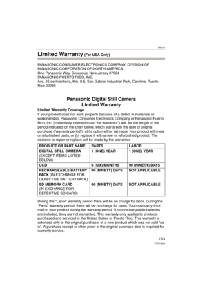 Page 153Others
153VQT1G28
Limited Warranty (For USA Only)
PANASONIC CONSUMER ELECTRONICS COMPANY, DIVISION OF 
PANASONIC CORPORATION OF NORTH AMERICA
One Panasonic Way, Secaucus, New Jersey 07094
PANASONIC PUERTO RICO, INC.
Ave. 65 de Infantería, Km. 9.5, San Gabriel Industrial Park, Carolina, Puerto 
Rico 00985
Panasonic Digital Still Camera
Limited Warranty
Limited Warranty Coverage
If your product does not work properly because of a defect in materials or 
workmanship, Panasonic Consumer Electronics Company...