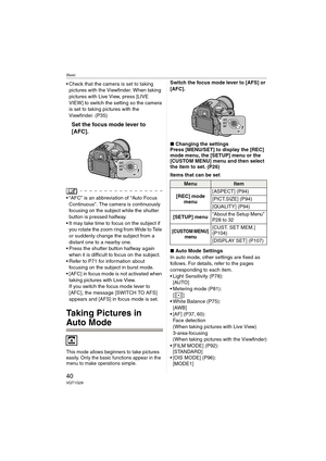 Page 40Basic
40VQT1G28
 Check that the camera is set to taking 
pictures with the Viewfinder. When taking 
pictures with Live View, press [LIVE 
VIEW] to switch the setting so the camera 
is set to taking pictures with the 
Viewfinder. (P35)
Set the focus mode lever to 
[AFC].
 “AFC” is an abbreviation of “Auto Focus 
Continuous”. The camera is continuously 
focusing on the subject while the shutter 
button is pressed halfway.
 It may take time to focus on the subject if 
you rotate the zoom ring from Wide to...