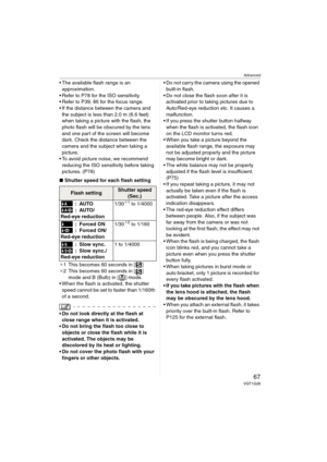 Page 67Advanced
67VQT1G28
 The available flash range is an 
approximation.
 Refer to P78 for the ISO sensitivity.
 Refer to P39, 86 for the focus range.
 If the distance between the camera and 
the subject is less than 2.0 m (6.6 feet) 
when taking a picture with the flash, the 
photo flash will be obscured by the lens 
and one part of the screen will become 
dark. Check the distance between the 
camera and the subject when taking a 
picture.
 To avoid picture noise, we recommend 
reducing the ISO sensitivity...